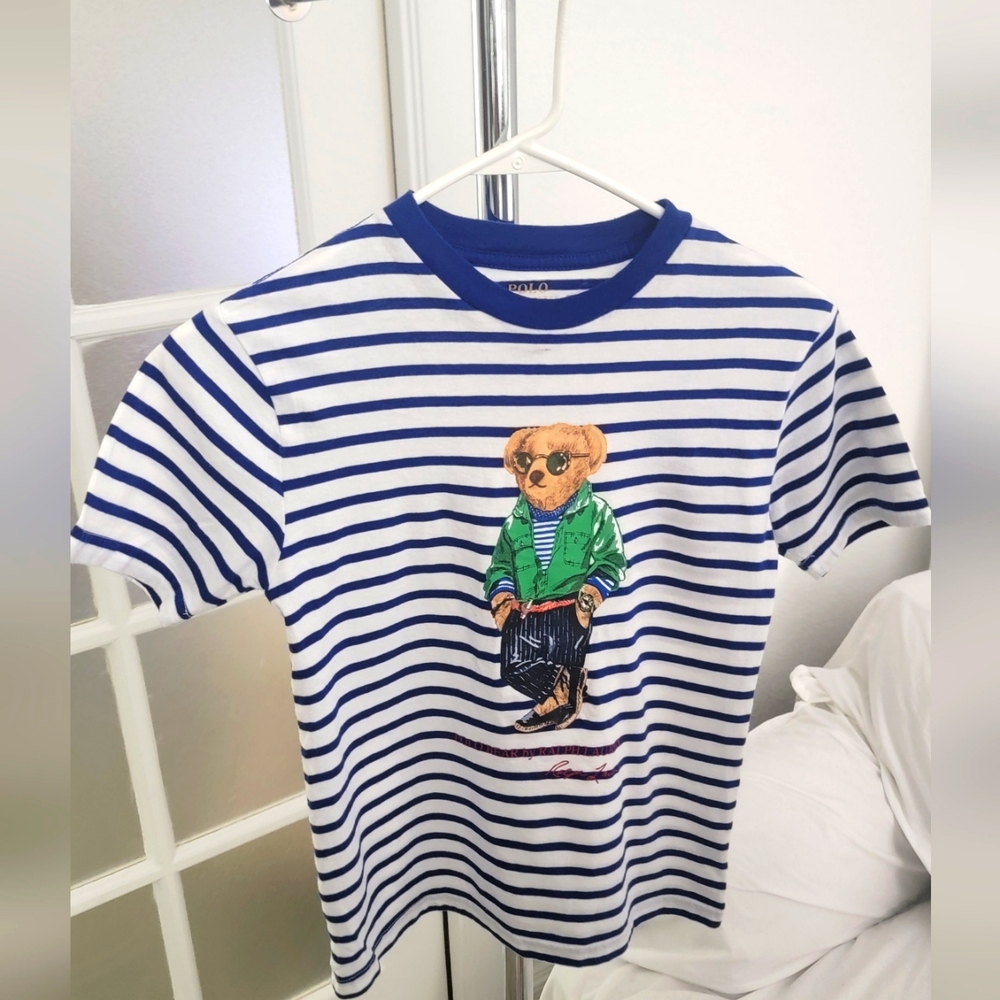 Polo by Ralph Lauren Blue and White Short Sleeve Tee with Bear Motif